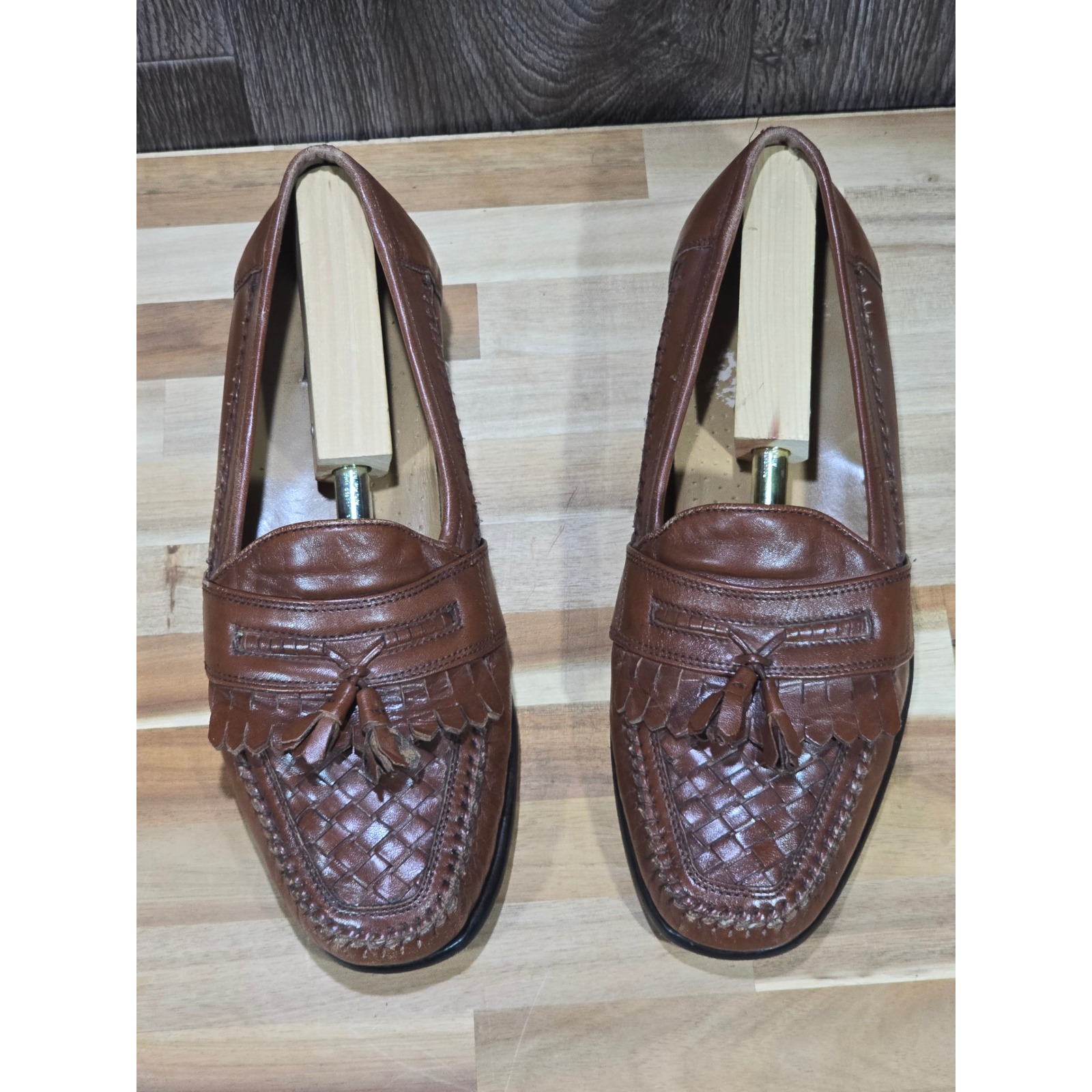 Bass Loafers Woven Leather Tassel Kiltie Slip On 9.5 Brown Dress Shoes Vintage